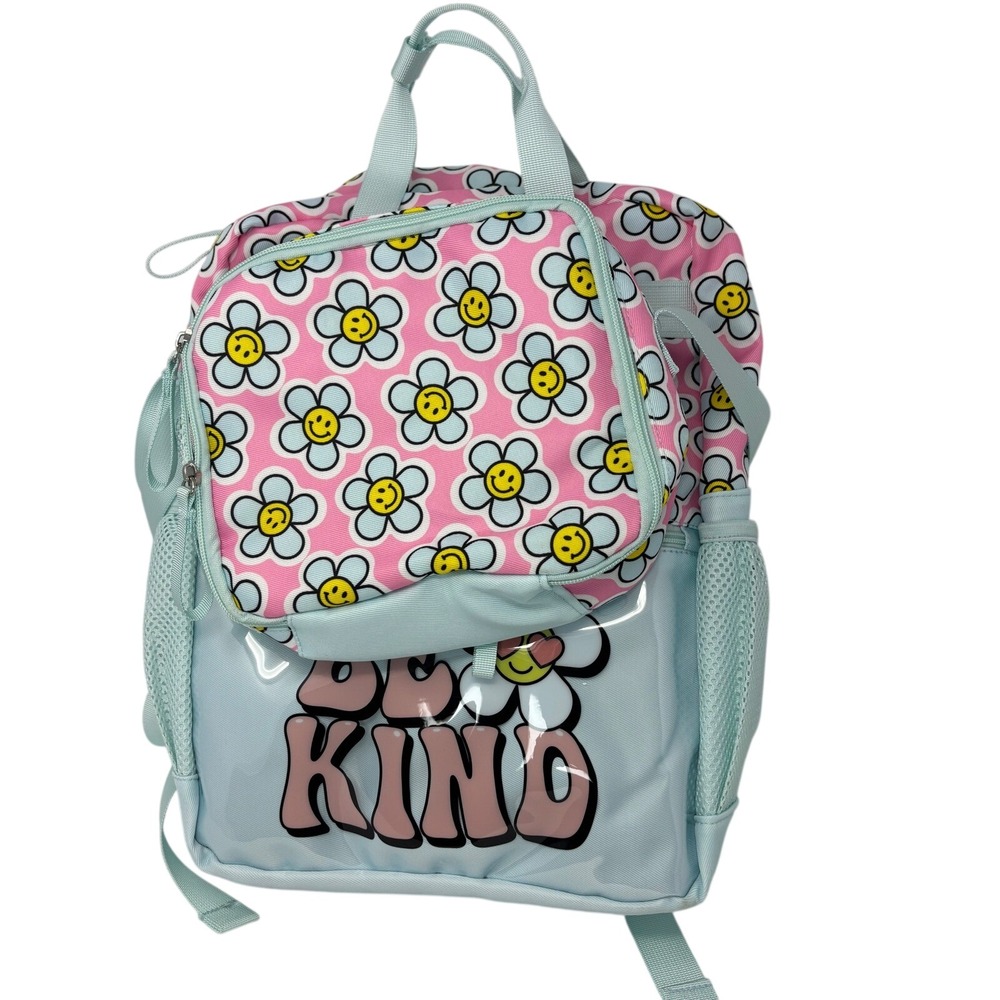Office Depot Be Kind Backpack and Lunch Box Set‎ Pink Blue Smiley Flower NWT
